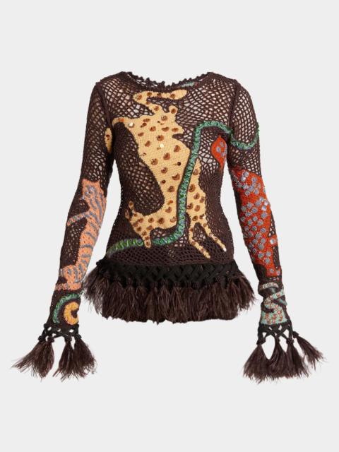 Etro Feather-Trim Animalier Crochet Knit Long-Sleeve Top