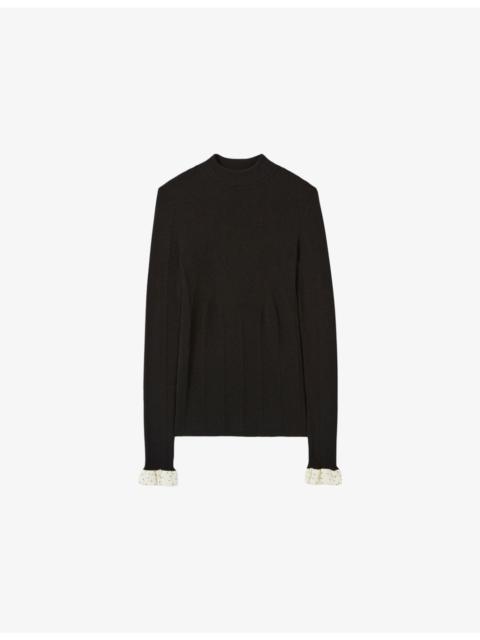 Claudie Pierlot Contrast-Cuff Pointelle-Knit Stretch Wool-Blend Jumper