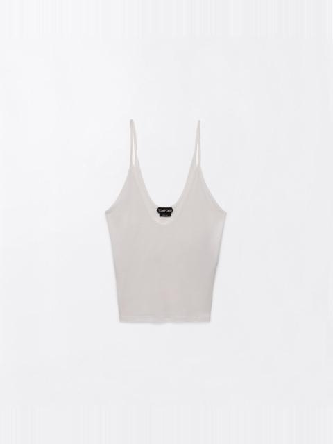 TOM FORD MICRO-RIB SILK JERSEY SCOOPED TANK TOP WITH ELONGATED T EMBROIDERED LOGO