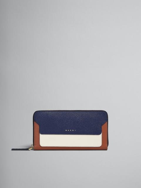 Marni BLUE WHITE AND BROWN SAFFIANO LEATHER ZIP-AROUND WALLET