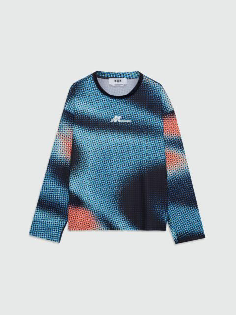 MSGM Multicolor long-sleeve technical pique T-shirt with raised logo on front and back