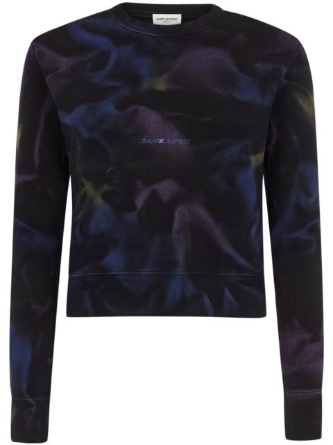 Black cotton short sweatshirt with all-over tie-dye pattern and front logo.