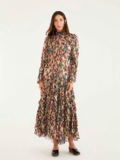 FARM RIO Pink Blurred Tiny Flowers Long Sleeve Maxi Dress