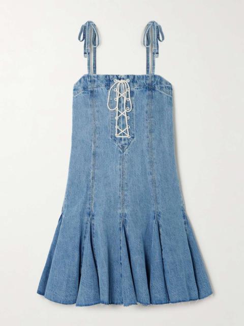 Flounce pleated lace-up denim mini dress