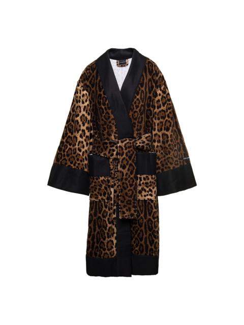Dolce & Gabbana Multicolor Kimono Bathrobe With All-over Leopard Print In Cotton Dolce & Gabbana
