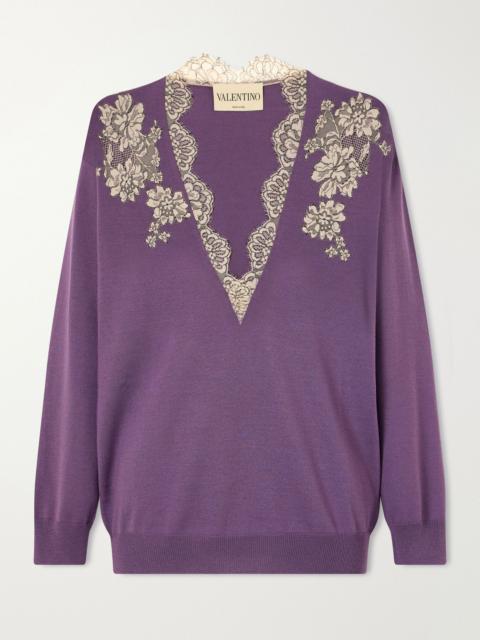 Valentino Lace-trimmed virgin wool sweater Purple