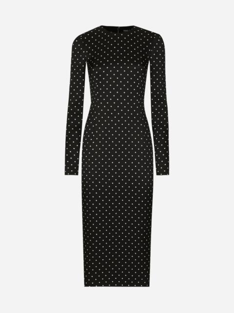 Charmeuse calf-length sheath dress with polka-dot print