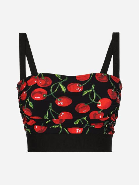 Cherry-print technical jersey top with straps