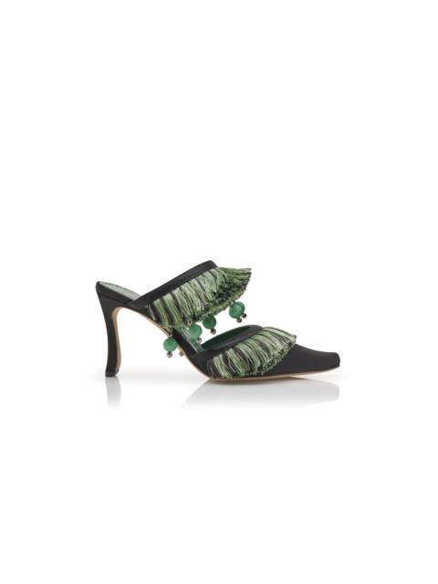 Manolo Blahnik Black and Green Satin Strap Mules