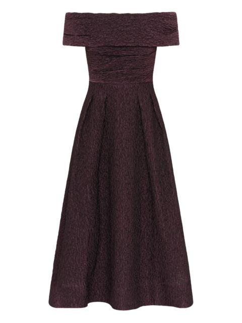 REBECCA VALLANCE off-shoulder pleated midi dress