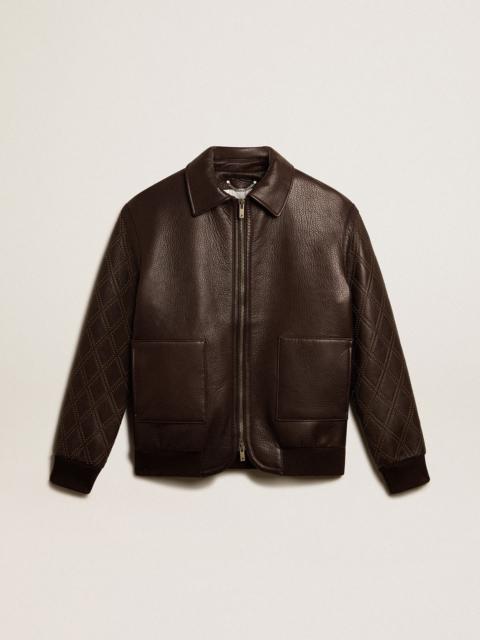 Brown nappa leather jacket with studded sleeves