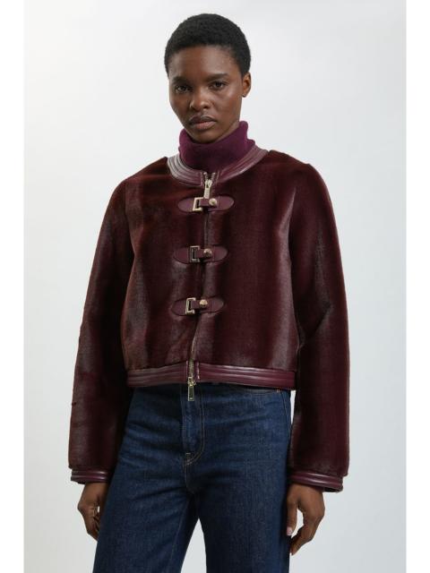 KAREN MILLEN Faux Fur & Faux Leather Buckle Detail Collarless Tailored Short coat