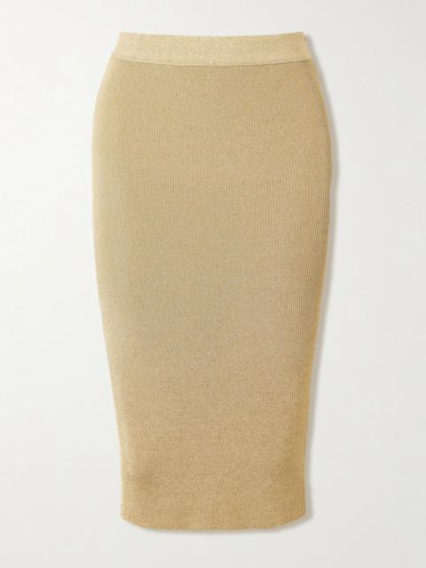 Stella McCartney Metallic ribbed-knit midi skirt Gold