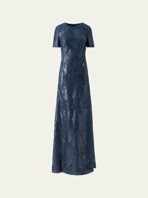 AKRIS Lacquered Sea Fan Lace Short-Sleeve Gown