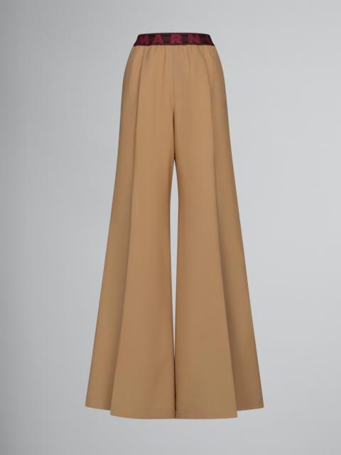 BEIGE FLARED WOOL TROUSERS WITH LOGO WAIST