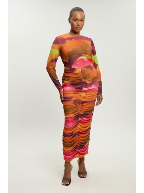 KAREN MILLEN Plus Size Marbled Print Mesh Ruched Maxi Dress