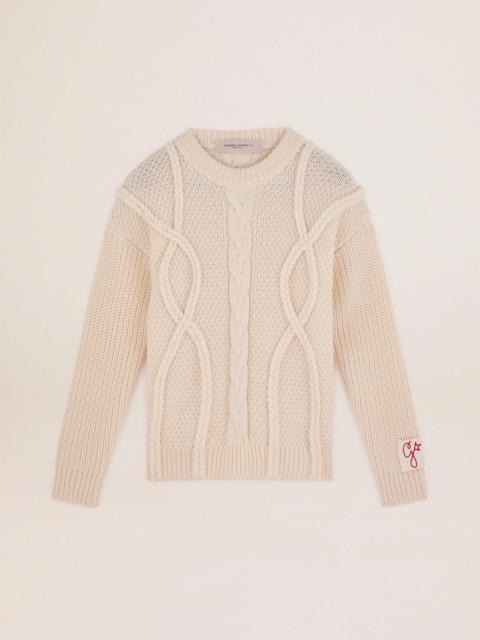 Men's round-neck sweater in wool with braided motif