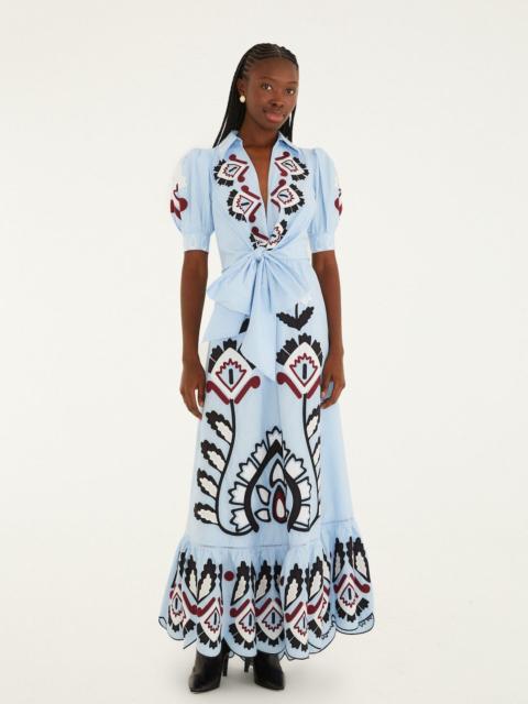 FARM RIO Blue Artisanal Embroidered Lace Front Bow Maxi Dress