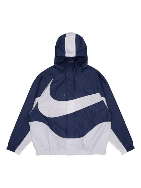 Men's Nike Sportswear Swoosh Contrasting Colors Large Logo Hooded Woven Jacket Autumn Navy Blue DD59