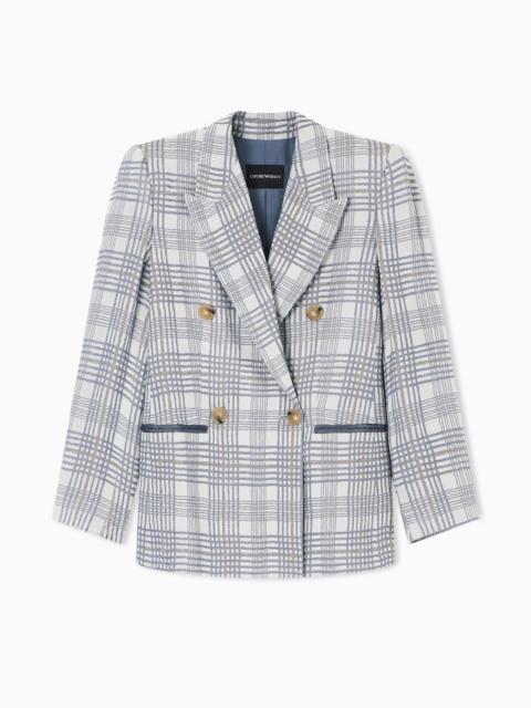 EMPORIO ARMANI DOUBLE-BREASTED BLAZER IN A CHECK-MOTIF JACQUARD FABRIC