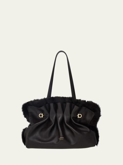 FERRAGAMO Medium Gancio Piercing Shoulder Bag with Fur Trim