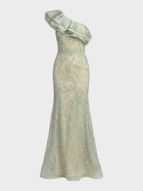 MAC DUGGAL Embroidered-Lace Ruffled Mermaid Gown