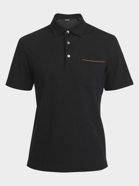 Men's Cotton Polo Shirt with Leather-Trim Pocket