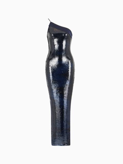 GIORGIO ARMANI ONE-SHOULDER LONG TULLE DRESS WITH SEQUIN EMBROIDERY