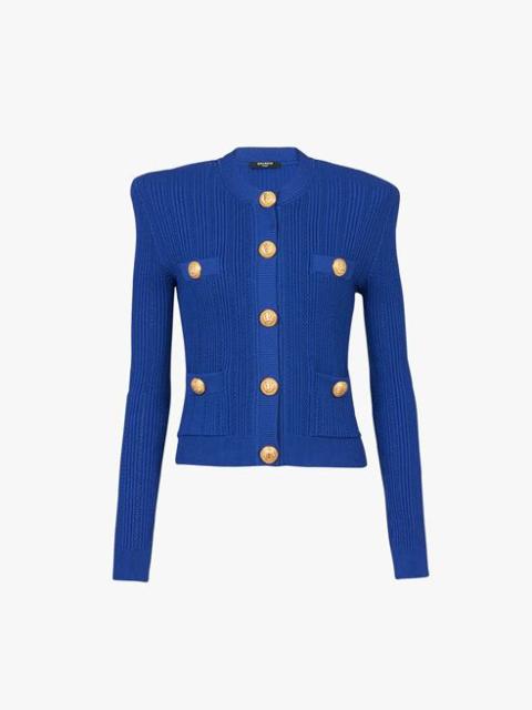 Balmain Cropped “gitane” blue eco-designed knit cardigan with gold-tone buttons