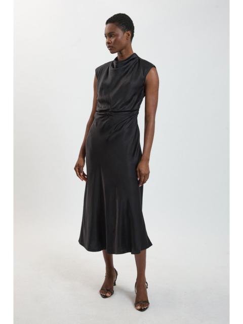 KAREN MILLEN Viscose Satin Ruched Cowl Neck Midi Dress