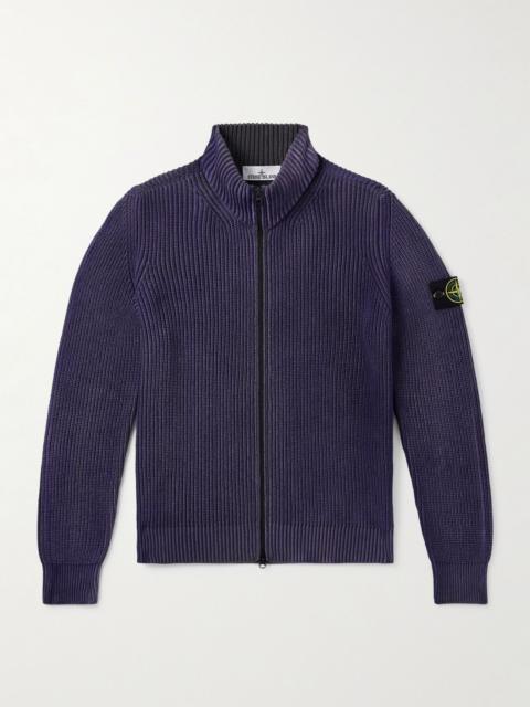 Logo-Appliquéd Ribbed Organic Cotton Zip-Up Sweater Purple