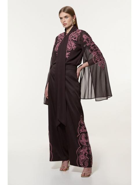 KAREN MILLEN Cutwork Beaded Twill Wide Leg Woven Trouser