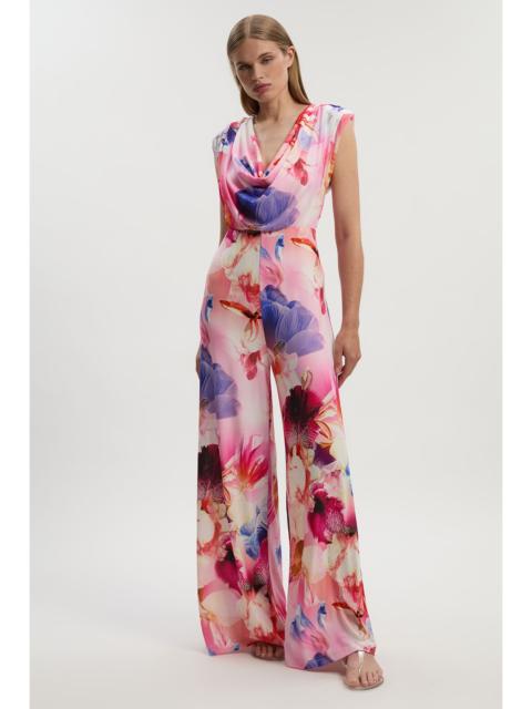 KAREN MILLEN Tall Floral Printed Drapey Jersey Cowl Neck Wide Leg Jumpsuit