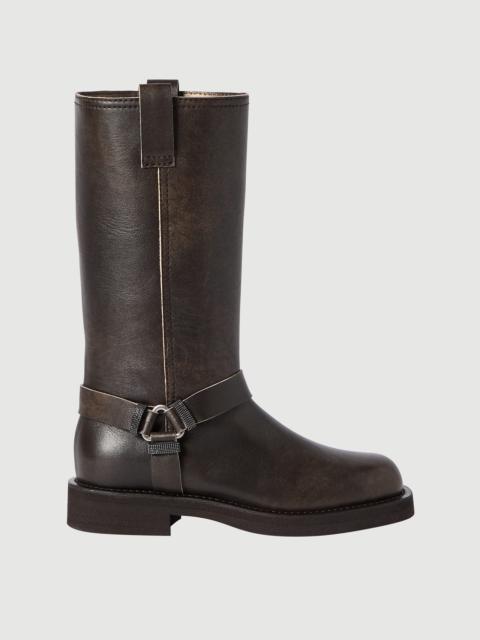 Brunello Cucinelli Vintage leather biker boots with shiny loops