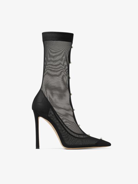 JIMMY CHOO Psyche Ankle Boot 110
Black Stretch Mesh Boots with Pearls