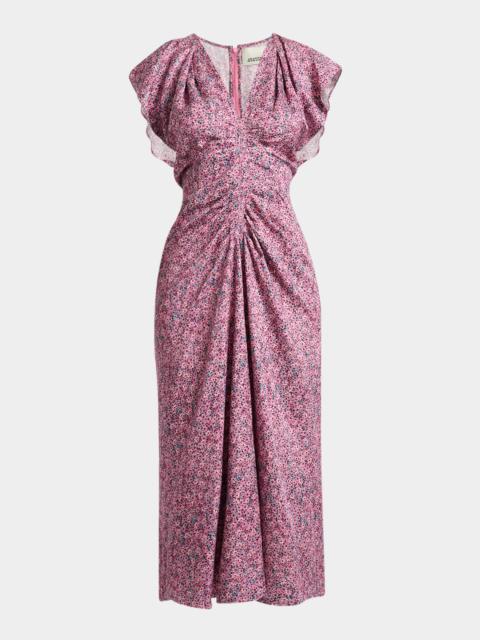 Lyndsay Floral Satin Flutter-Sleeve Midi Dress
