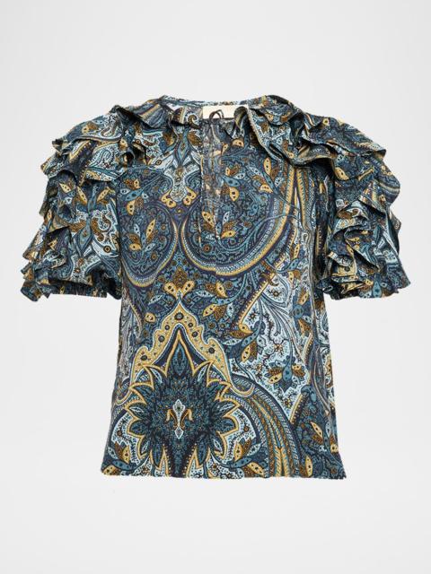 ULLA JOHNSON Josephine Paisley Flutter-Sleeve Blouse
