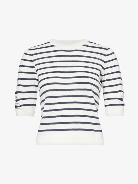 Gathered-sleeve striped knitted jumper