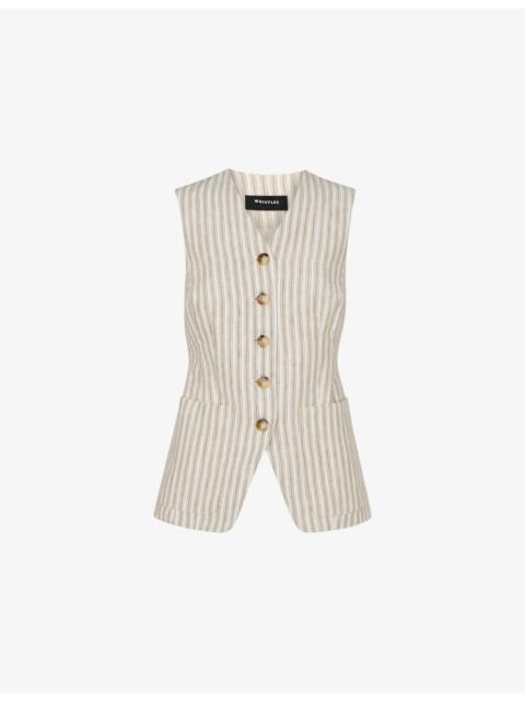WHISTLES Neutral Striped V-Neck Linen Waistcoat