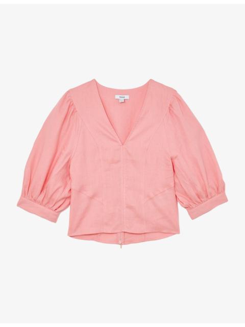 REISS Evie Balloon-Sleeve Linen Top