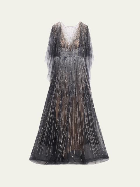 Marchesa Fully-Embroidered Gown with Cape Sleeves