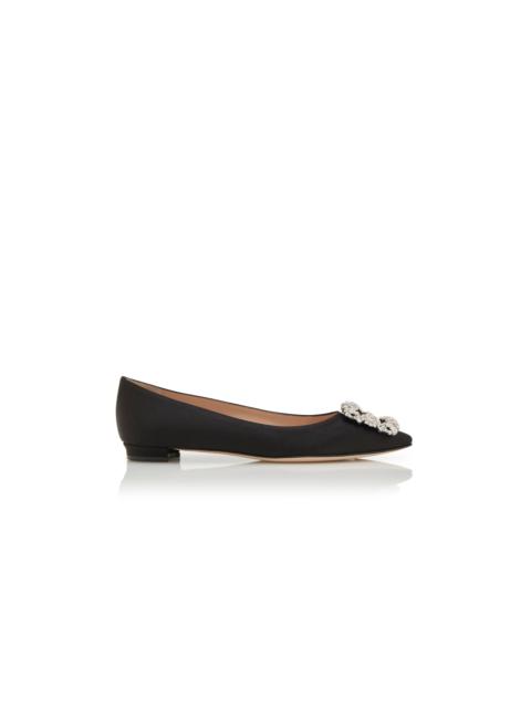 Black Satin Jewel Buckle Flat Pumps