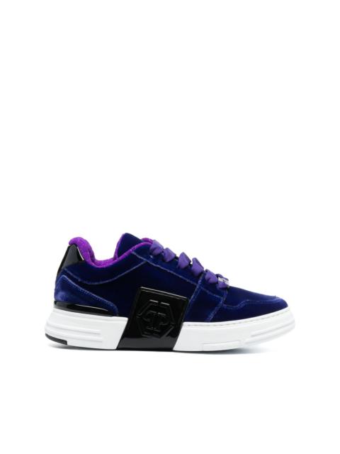 tonal-logo lace-up velvet sneakers