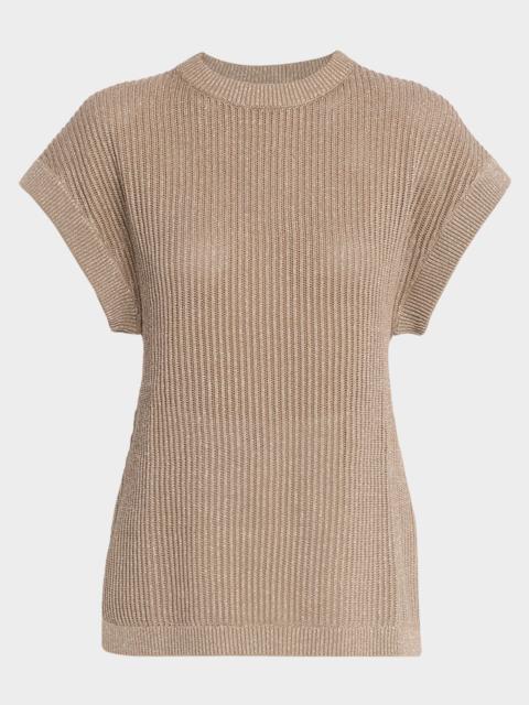 Brunello Cucinelli Metallic English Rib Cap-Sleeve Sweater