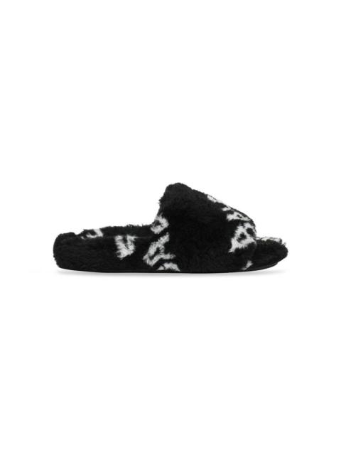 Women's Furry Slide Sandal Allover Logo in Black
