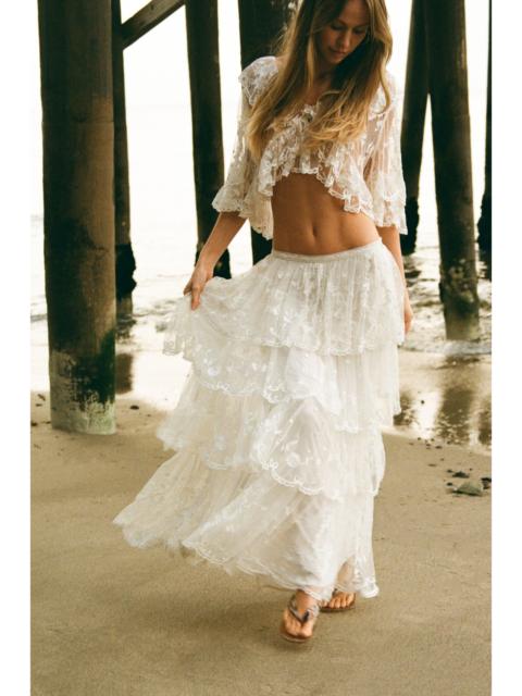 LoveShackFancy Celesa Embroidered Mesh Tiered Maxi Skirt