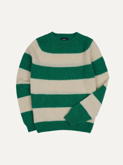 Drake's Green and Ecru Stripe Brushed Shetland Crew Neck Jumper