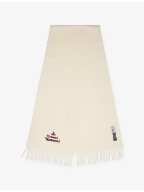 Vivienne Westwood Brand-Embroidered Fringed-Trim Wool Scarf