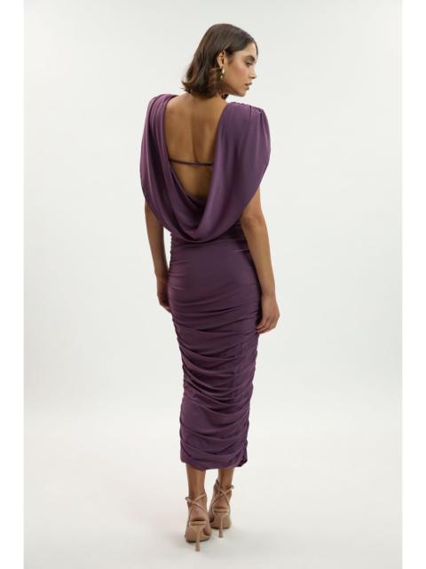 KAREN MILLEN Stretch Drapey Crepe Ruched Plunge Back Detail Midi Dress