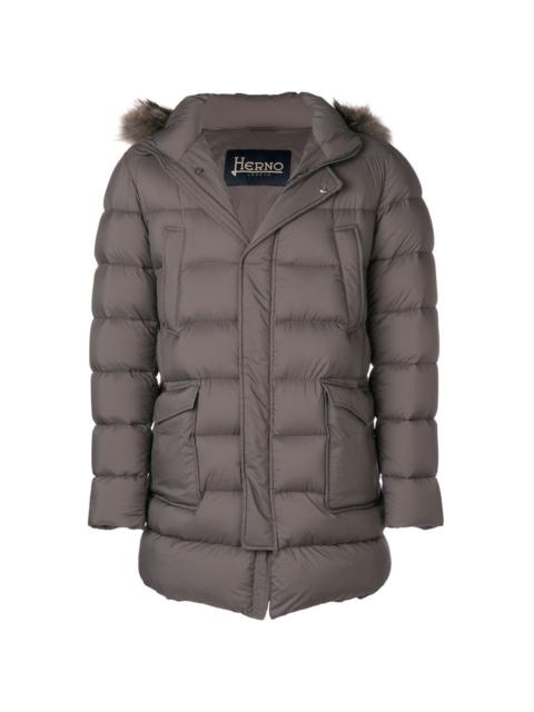 patch pocket fur-trimmed puffer coat